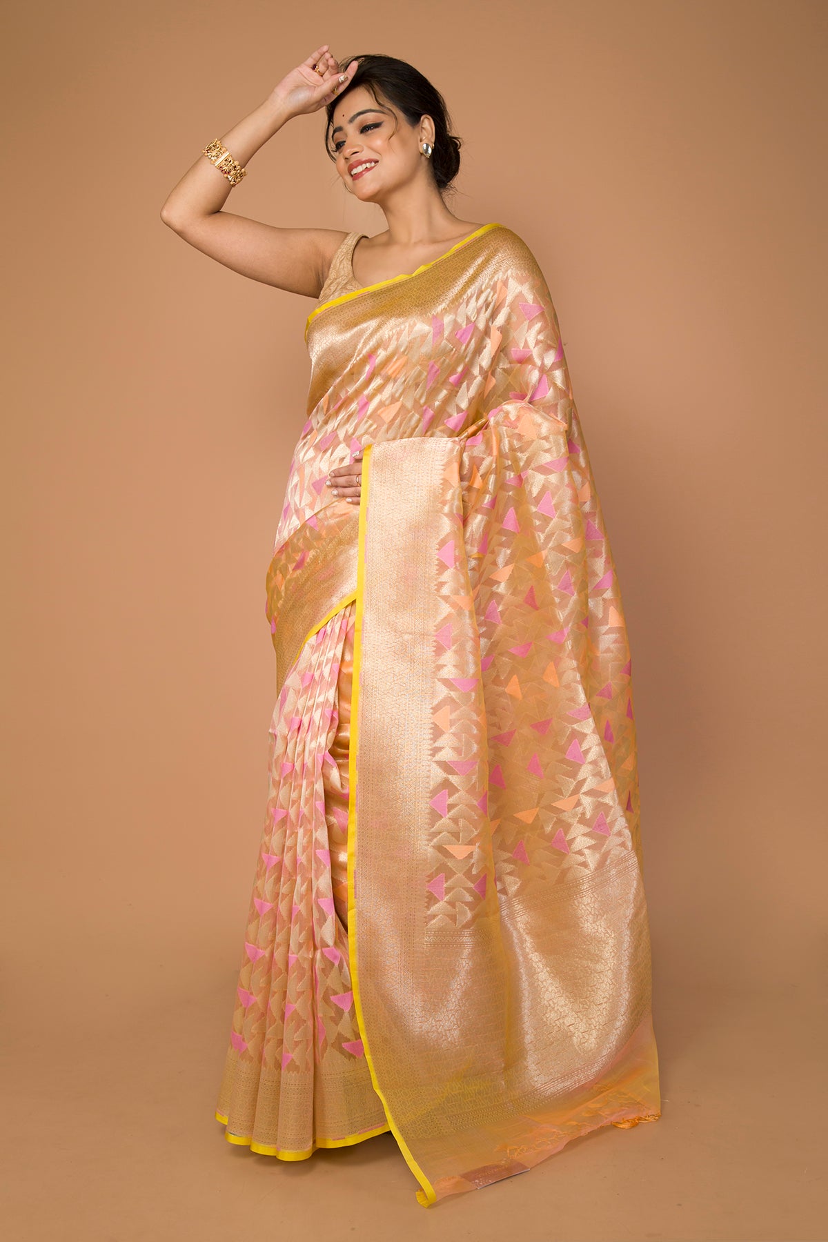 Banarasi Kora Organza Jaal Pastel Orange Saree