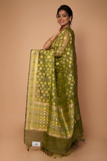 Banarasi Kora Organza Butta Green Saree