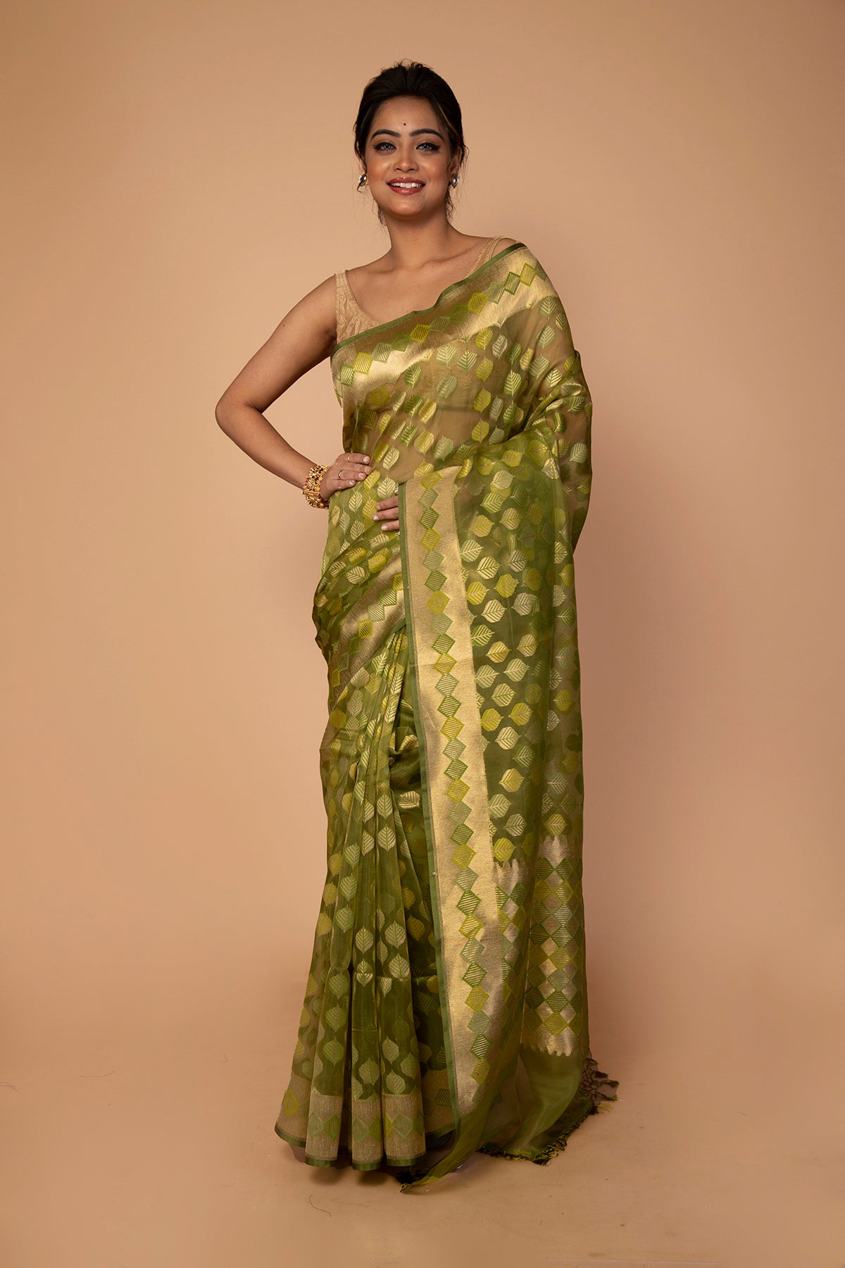 Banarasi Kora Organza Butta Green Saree