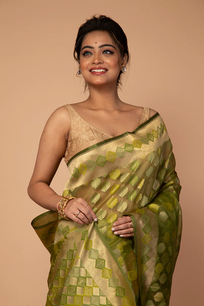 Banarasi Kora Organza Butta Green Saree