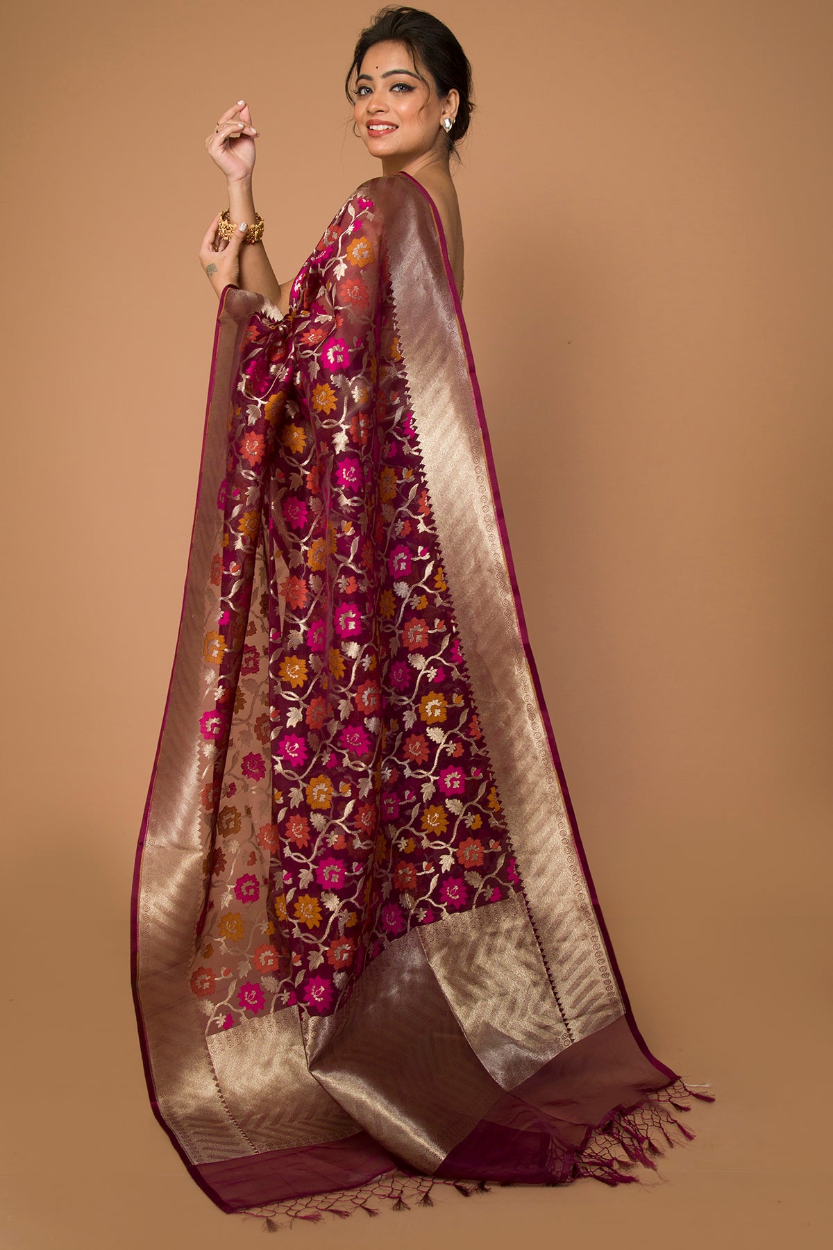 Banarasi Kora Organza Jaal Maroon Saree