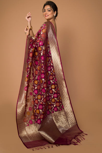 Banarasi Kora Organza Jaal Maroon Saree