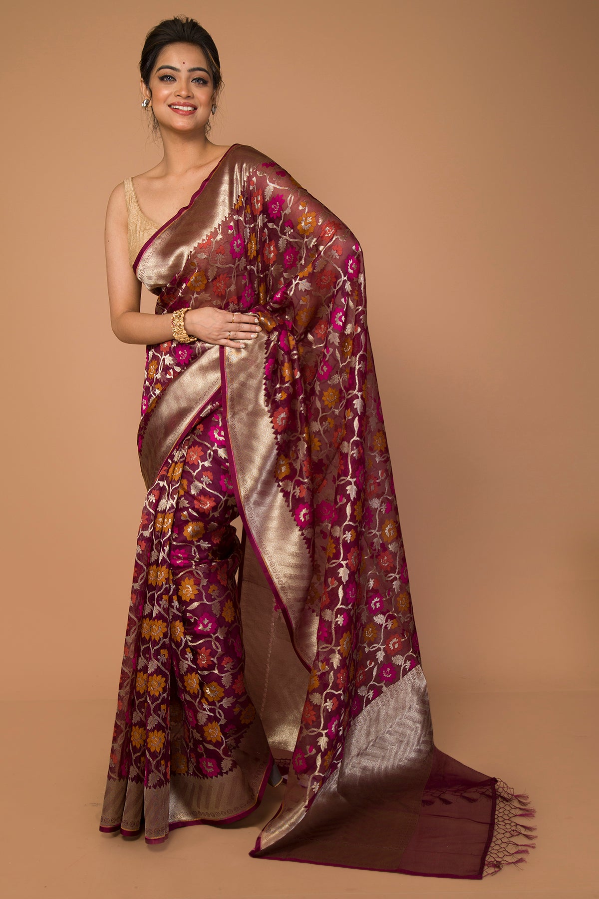 Banarasi Kora Organza Jaal Maroon Saree