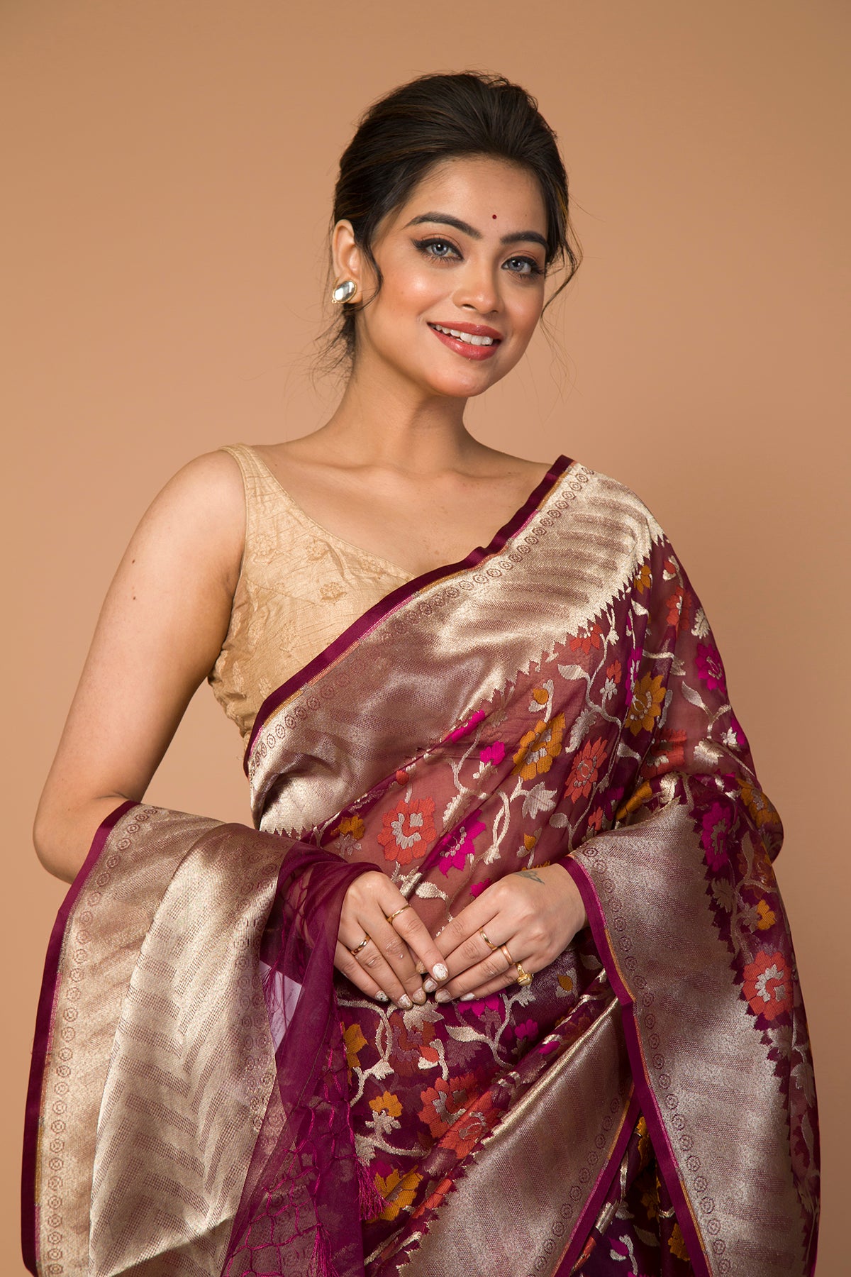 Banarasi Kora Organza Jaal Maroon Saree