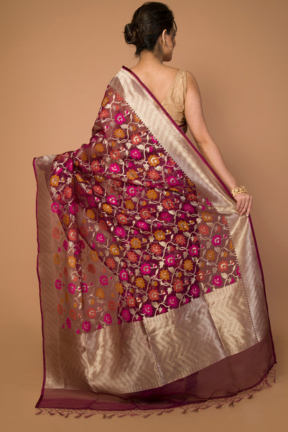 Banarasi Kora Organza Jaal Maroon Saree