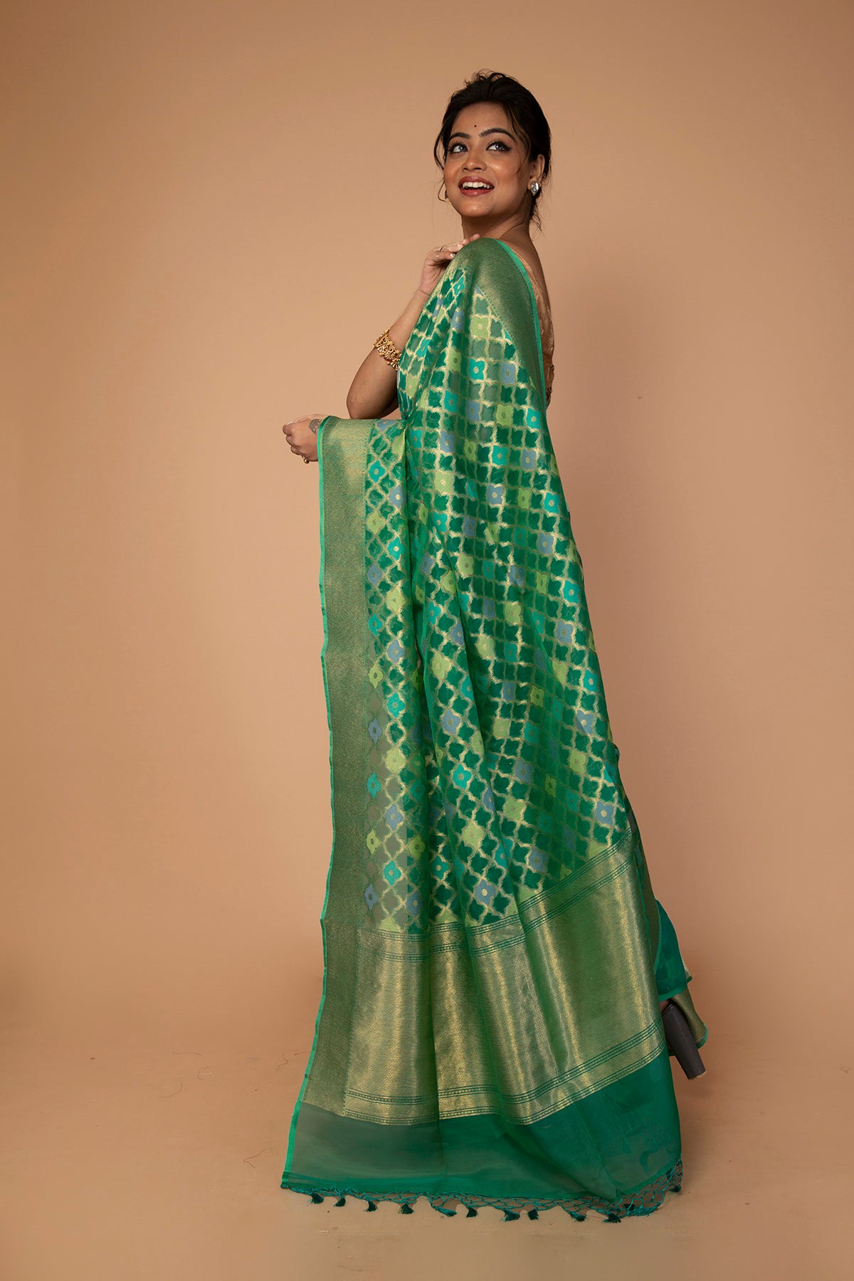 Banarasi Kora Organza Jaal Green Saree