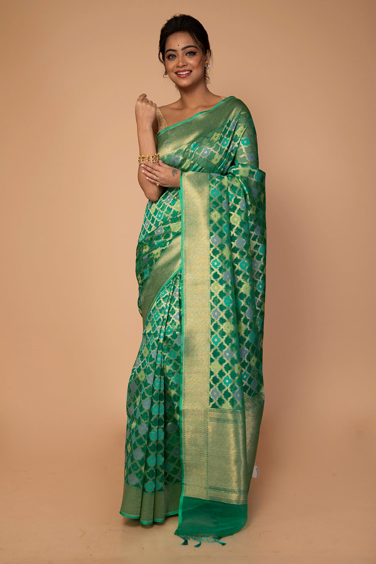 Banarasi Kora Organza Jaal Green Saree