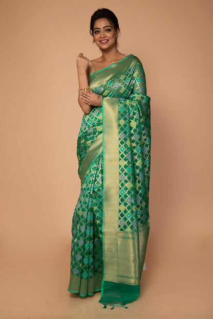 Banarasi Kora Organza Jaal Green Saree