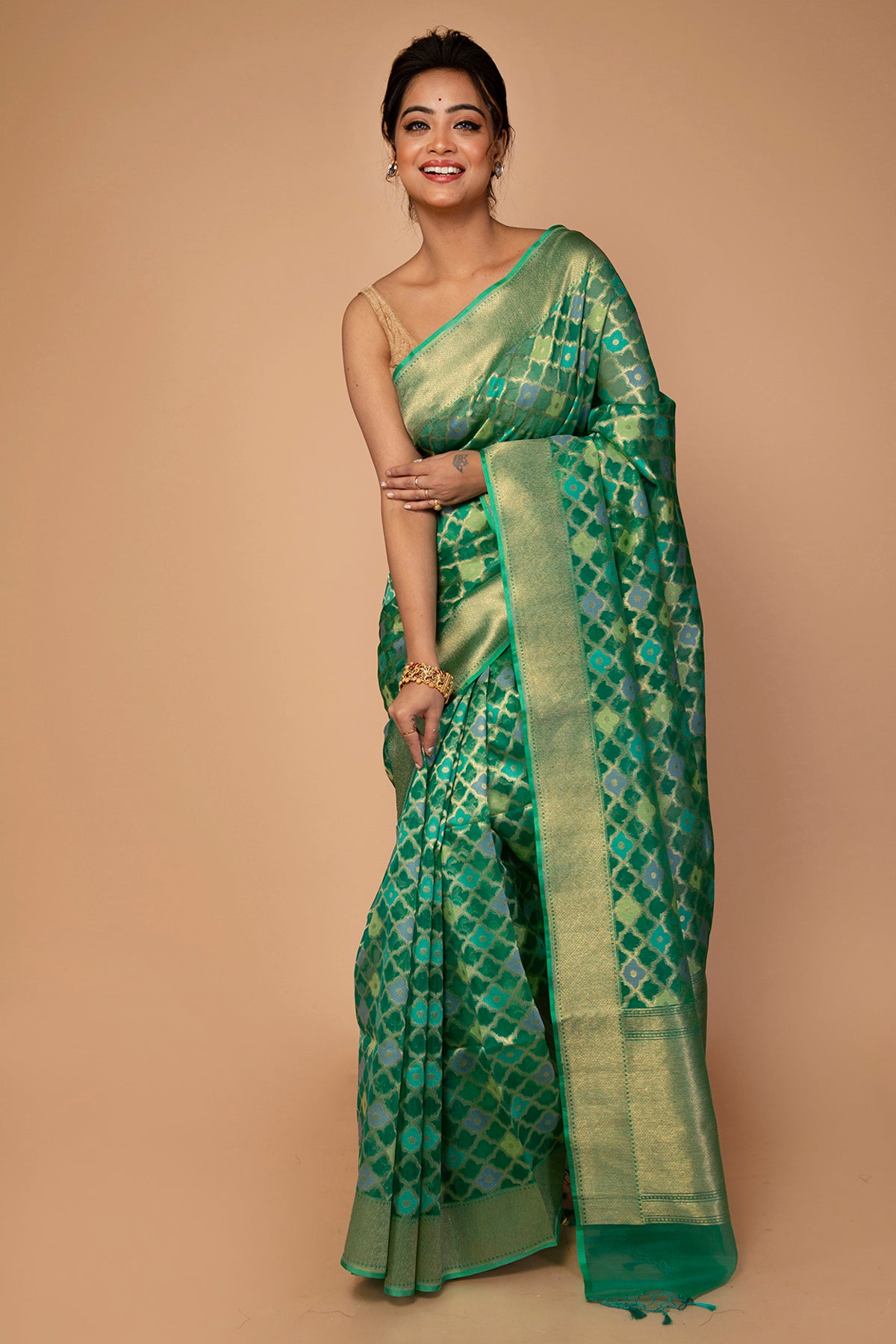 Banarasi Kora Organza Jaal Green Saree