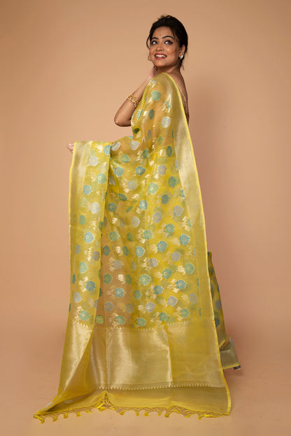 Banarasi Kora Organza Jaal Yellow Saree