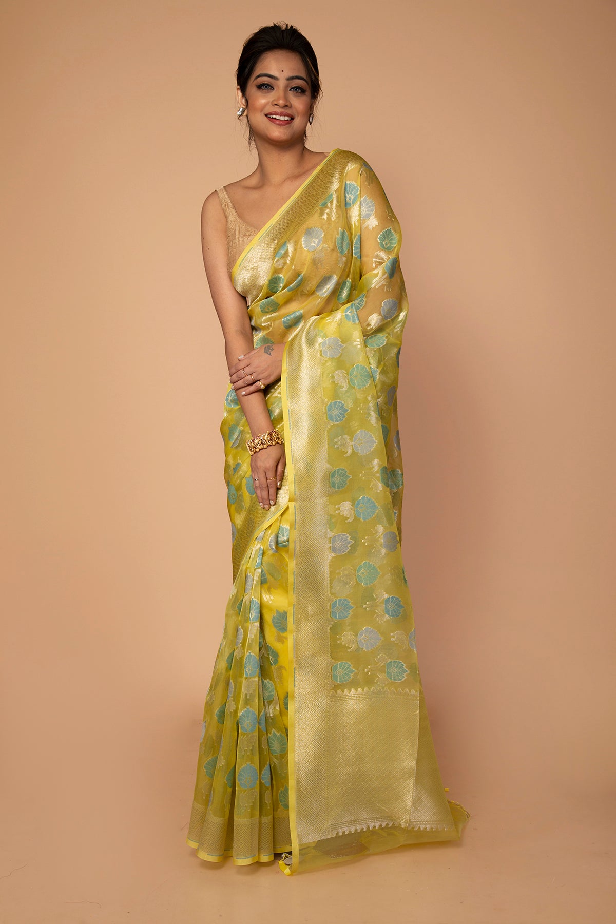 Banarasi Kora Organza Jaal Yellow Saree