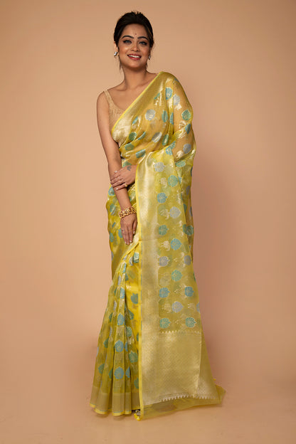 Banarasi Kora Organza Jaal Yellow Saree