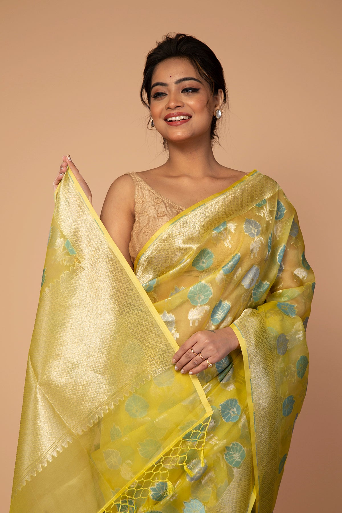 Banarasi Kora Organza Jaal Yellow Saree
