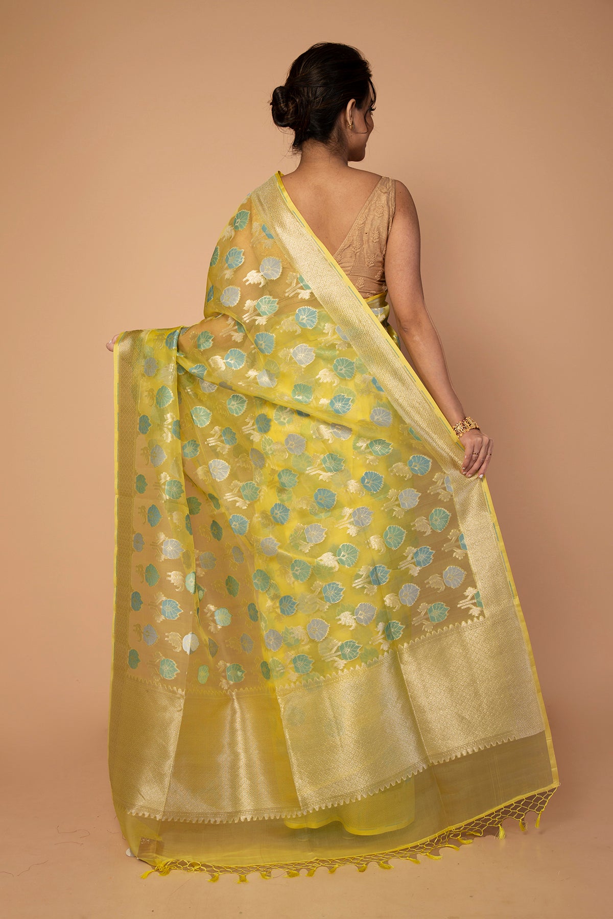Banarasi Kora Organza Jaal Yellow Saree