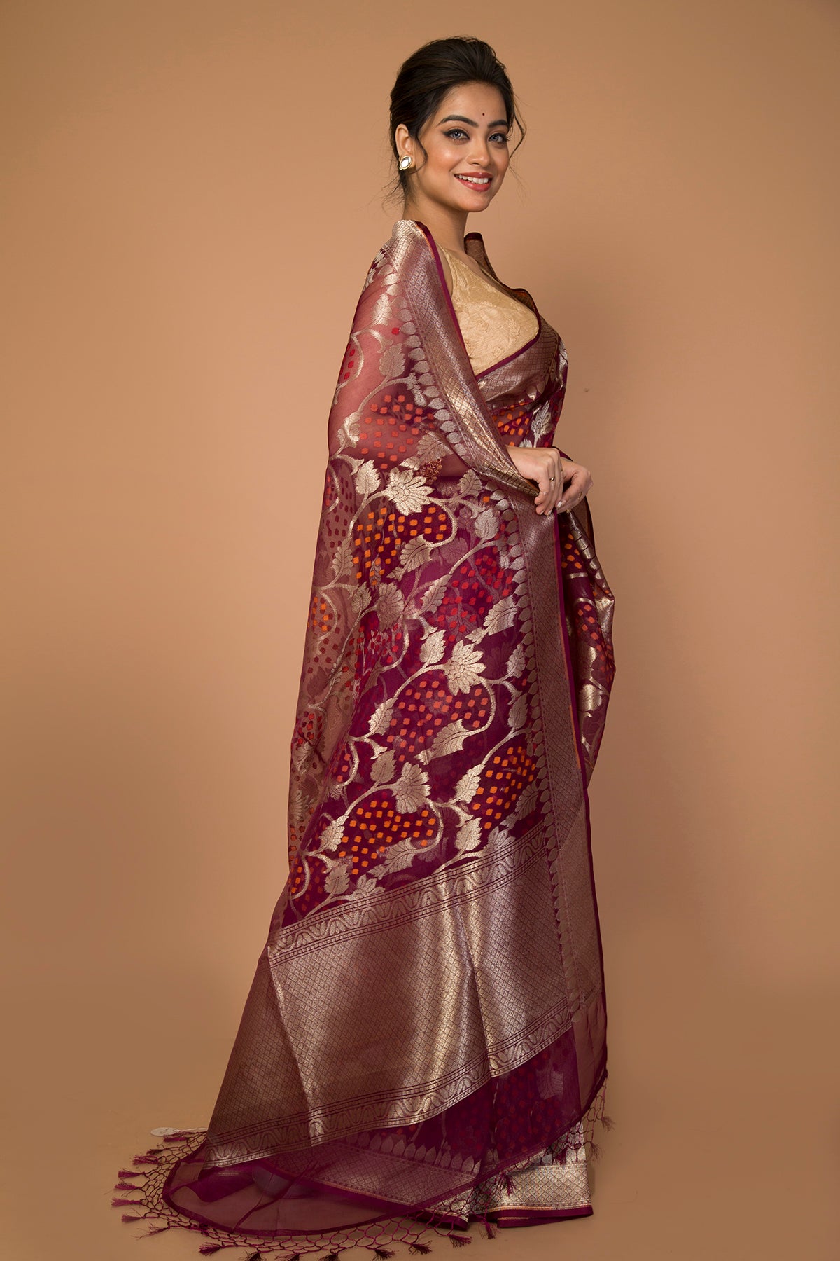 Banarasi Kora Organza Jaal Maroon Saree
