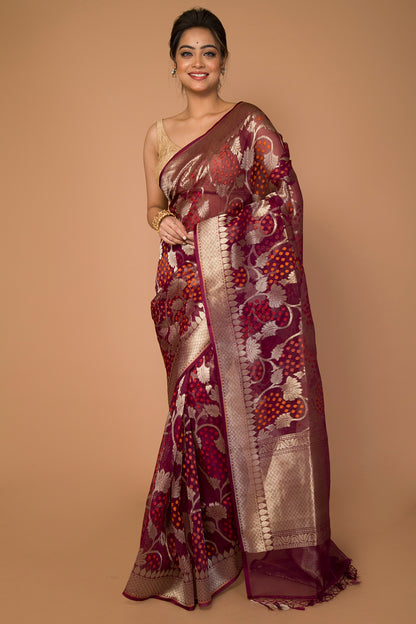 Banarasi Kora Organza Jaal Maroon Saree
