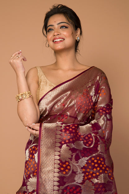 Banarasi Kora Organza Jaal Maroon Saree