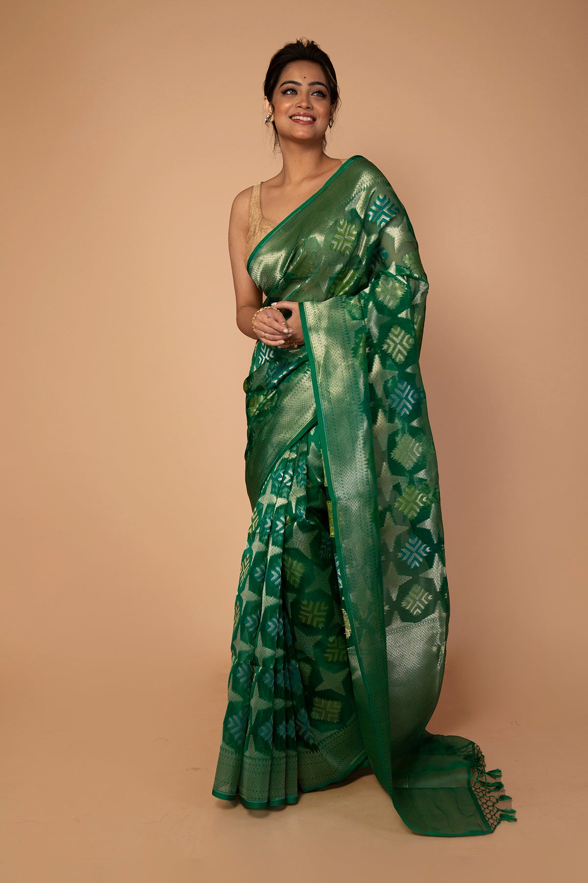 Banarasi Kora Organza Butta Green Saree