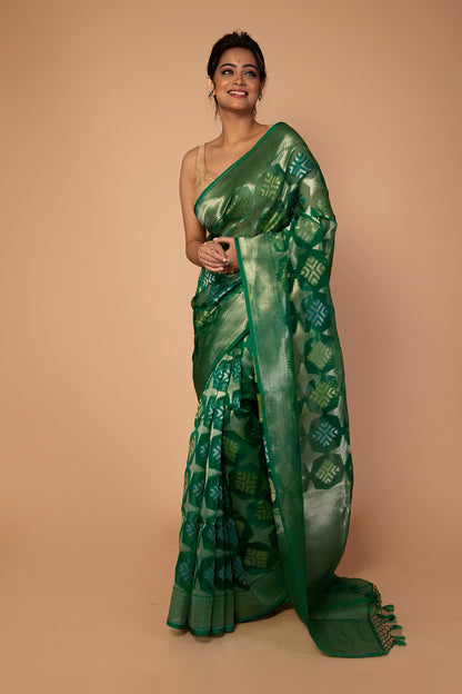 Banarasi Kora Organza Butta Green Saree
