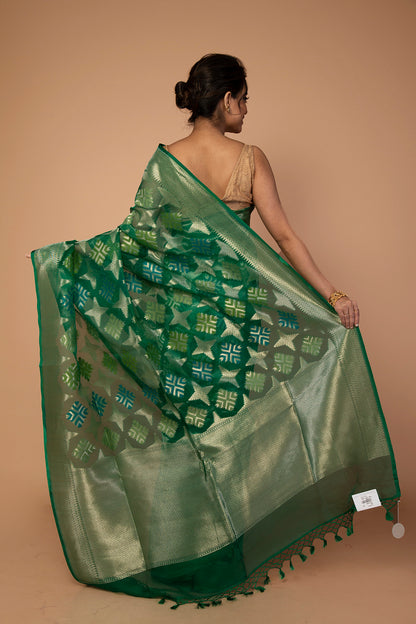 Banarasi Kora Organza Butta Green Saree
