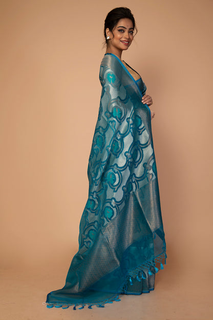 Banarasi Kora Organza Jaal Blue Saree
