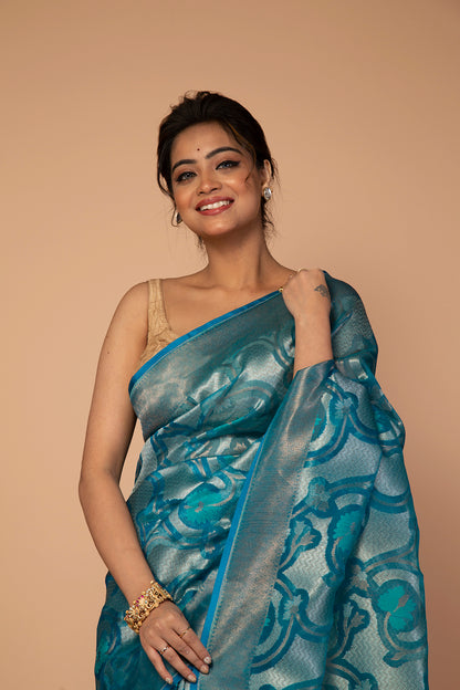 Banarasi Kora Organza Jaal Blue Saree