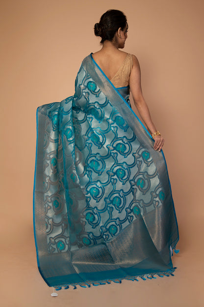 Banarasi Kora Organza Jaal Blue Saree