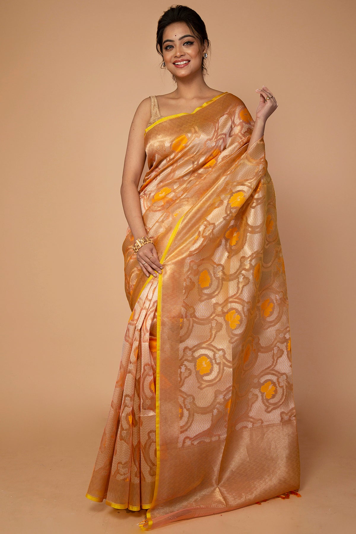 Banarasi Kora Organza Jaal Yellow Saree