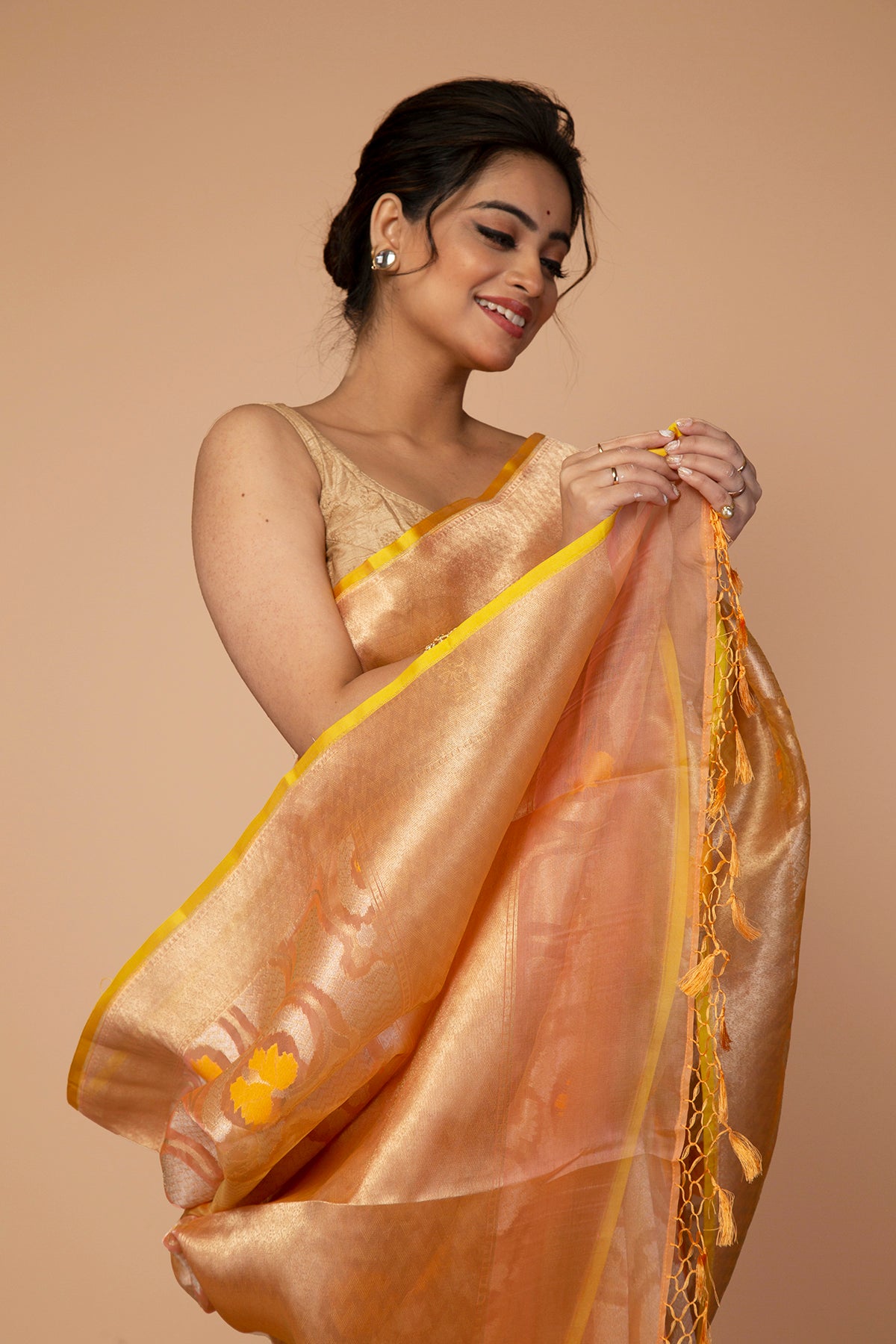 Banarasi Kora Organza Jaal Yellow Saree