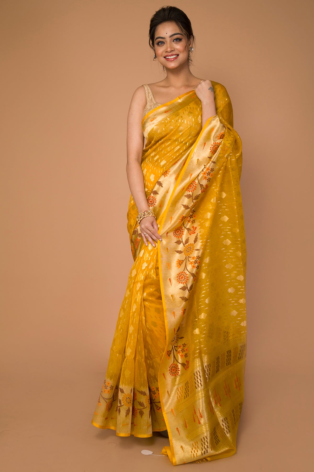 Banarasi Kora Organza Butta Yellow Saree