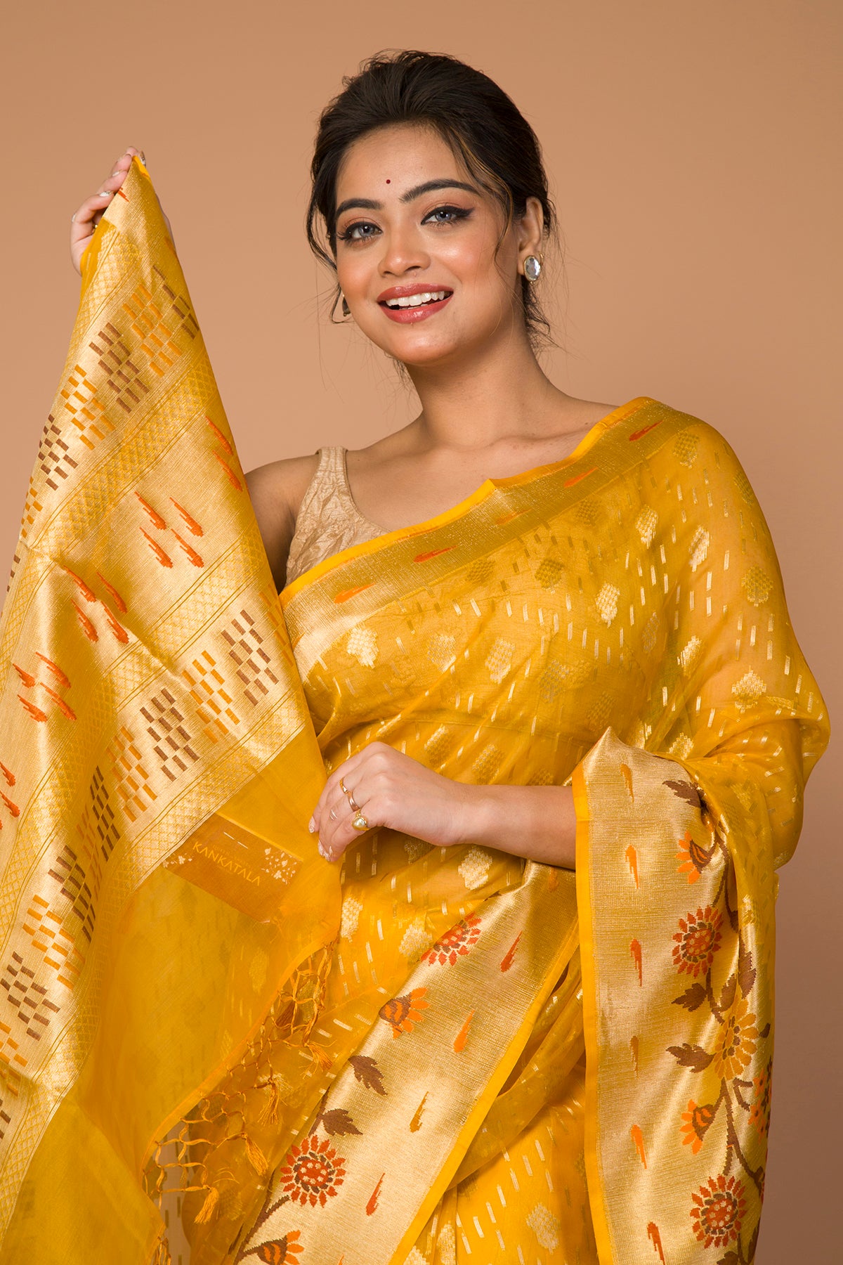 Banarasi Kora Organza Butta Yellow Saree