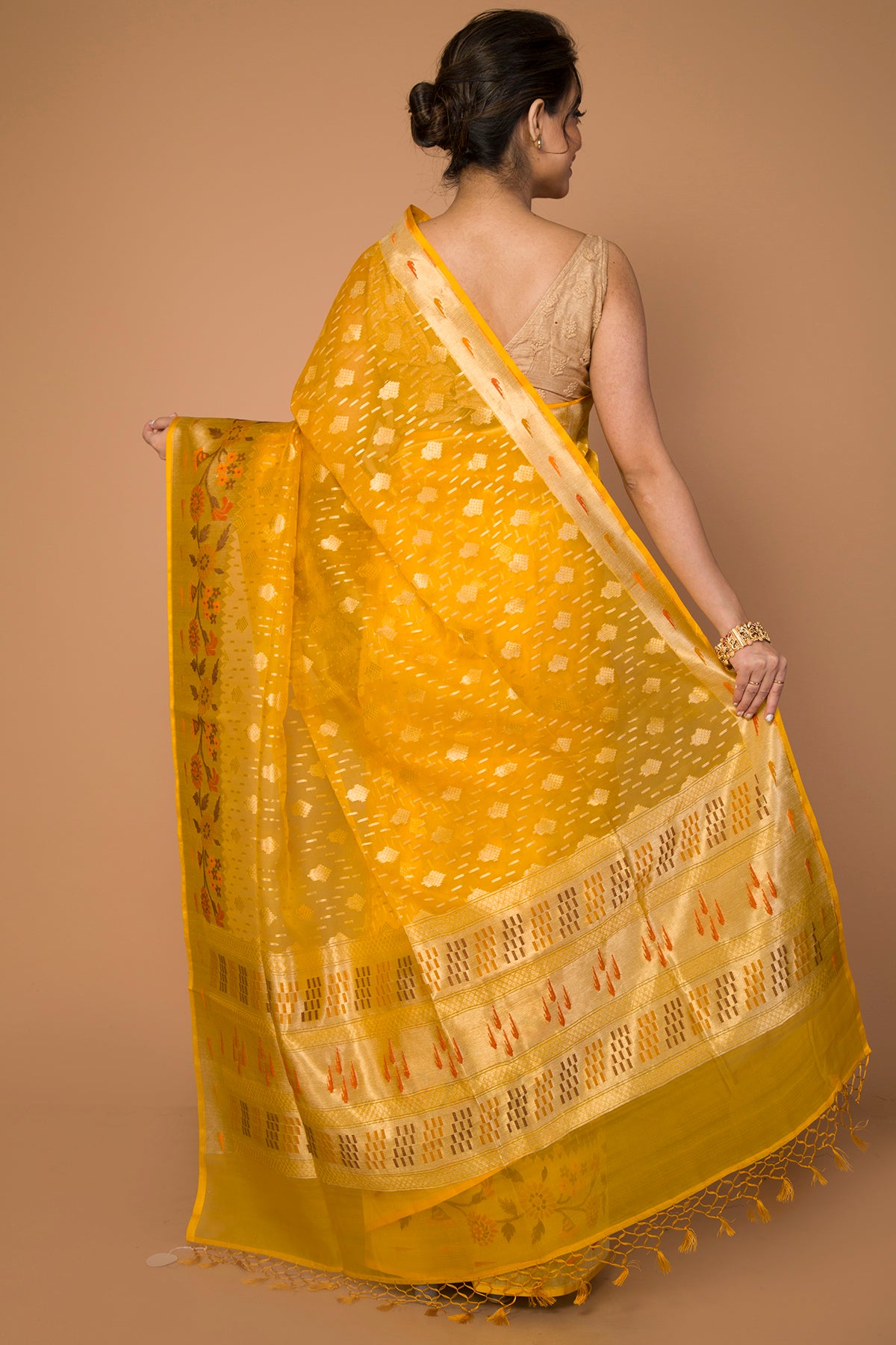 Banarasi Kora Organza Butta Yellow Saree