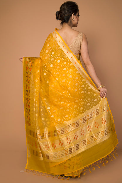 Banarasi Kora Organza Butta Yellow Saree