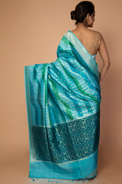 Banarasi Kora Organza Zig Zag Lines Sky Blue Saree
