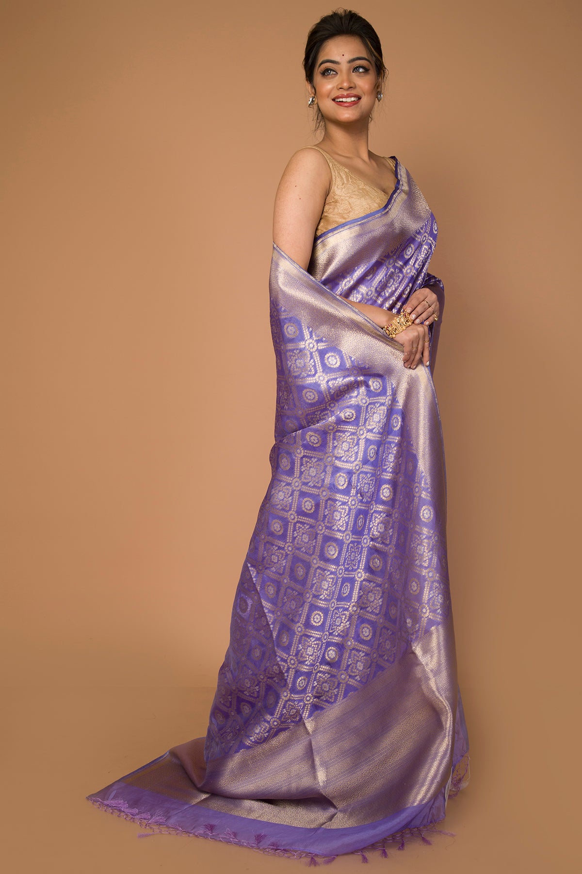 Banarasi Kora Organza Criss-Cross Checks And Butta Lavender Saree