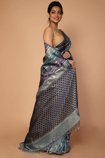Banarasi Kora Organza Lines Black Saree