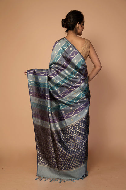 Banarasi Kora Organza Lines Black Saree