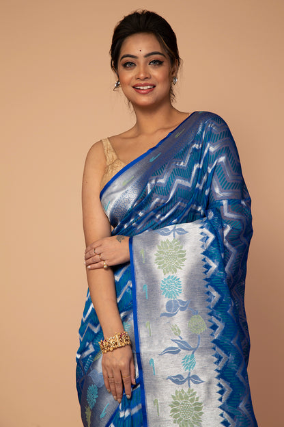 Banarasi Kora Organza Zig Zag Lines Blue Saree