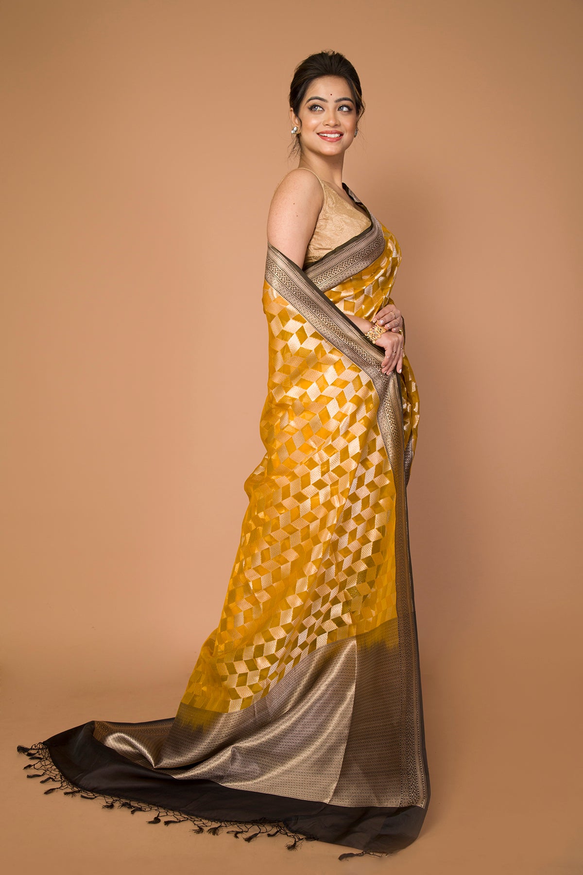 Banarasi Kora Organza Checks Yellow Saree
