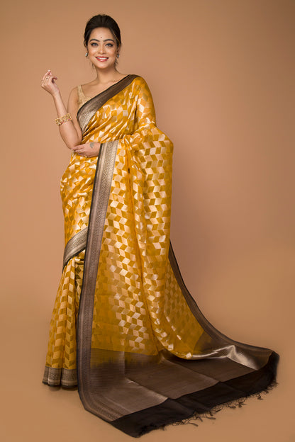 Banarasi Kora Organza Checks Yellow Saree