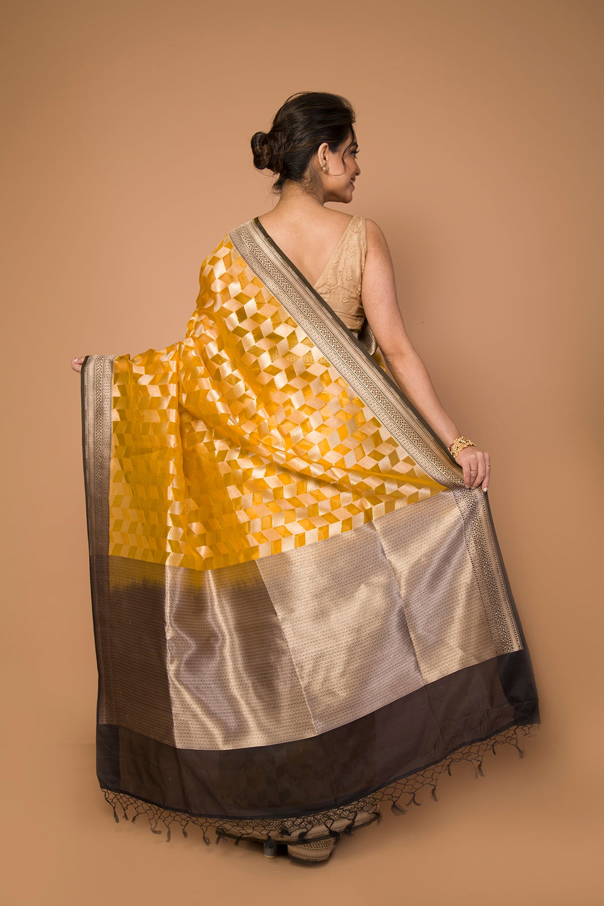 Banarasi Kora Organza Checks Yellow Saree