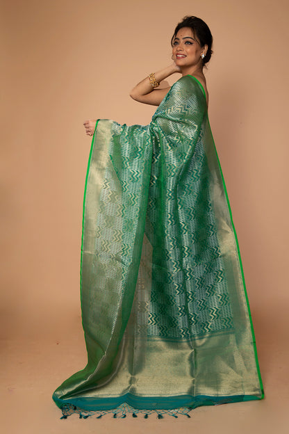 Banarasi Kora Organza Jaal Green Saree