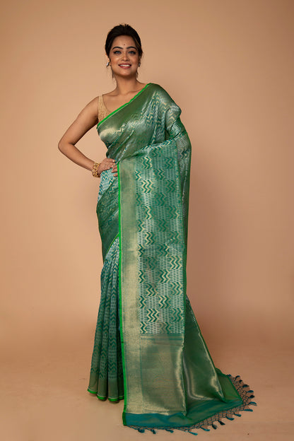 Banarasi Kora Organza Jaal Green Saree