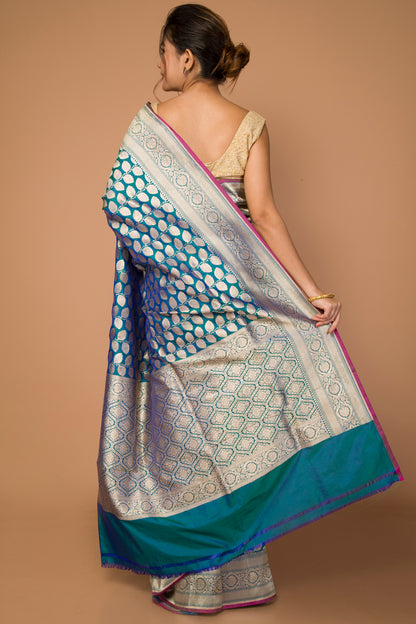 Banarasi Silk Butta Dual Tone Green And Blue Saree
