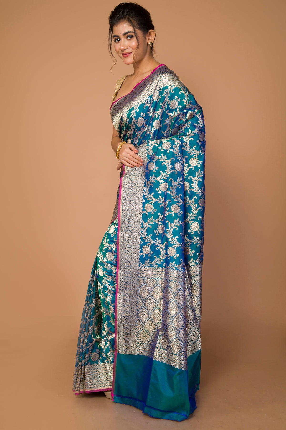 Banarasi Silk Jaal Dual Tone Green And Blue Saree