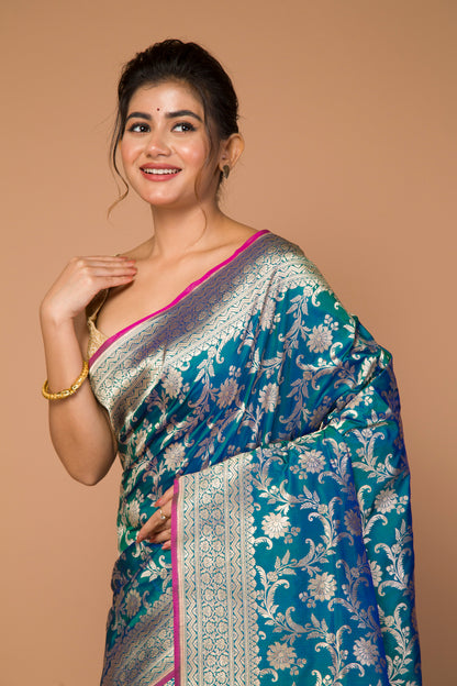 Banarasi Silk Jaal Dual Tone Green And Blue Saree