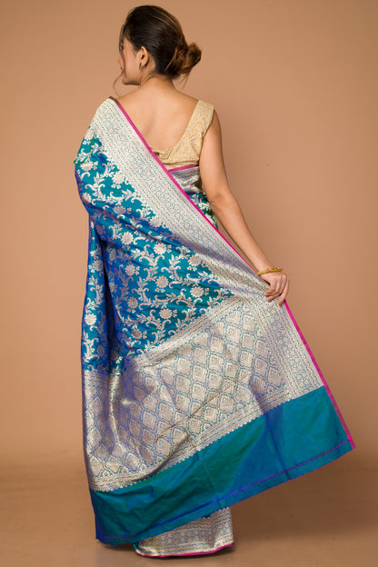Banarasi Silk Jaal Dual Tone Green And Blue Saree