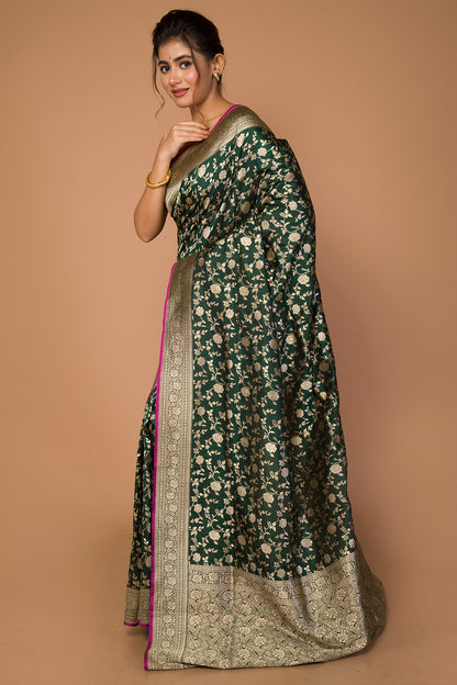 Banarasi Silk Jaal Bottle Green Saree