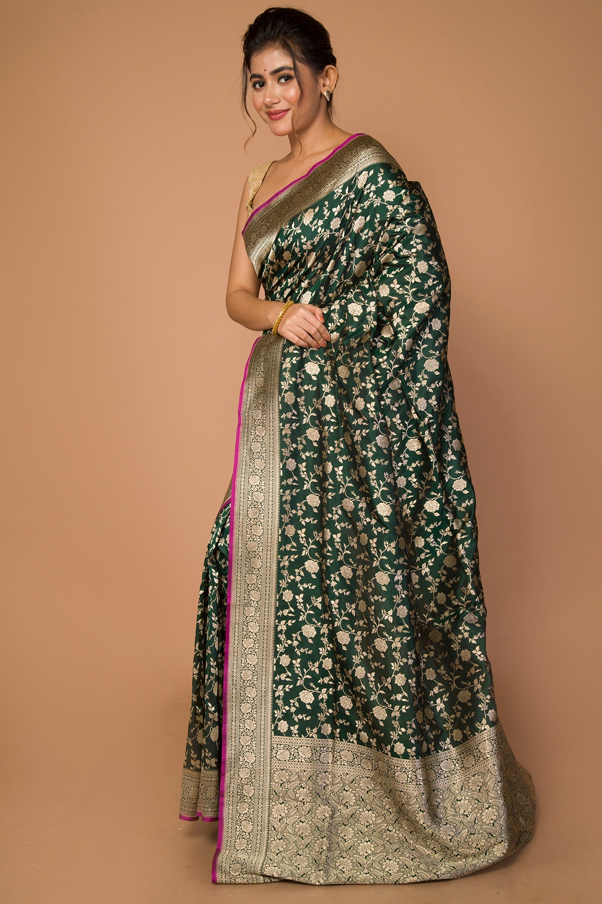 Banarasi Silk Jaal Bottle Green Saree