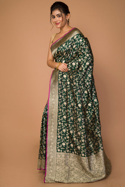 Banarasi Silk Jaal Bottle Green Saree